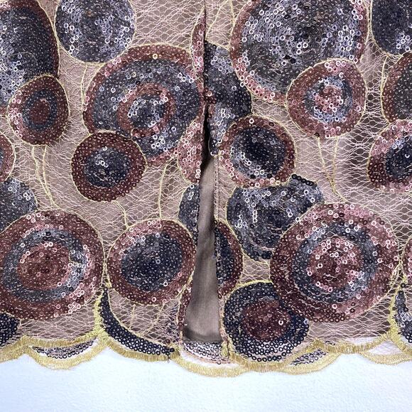 Sera B. New York Silk Sequin Pencil Skirt Womens 6 Brown Gold Sheer Luxury Bling - Picture 2 of 7